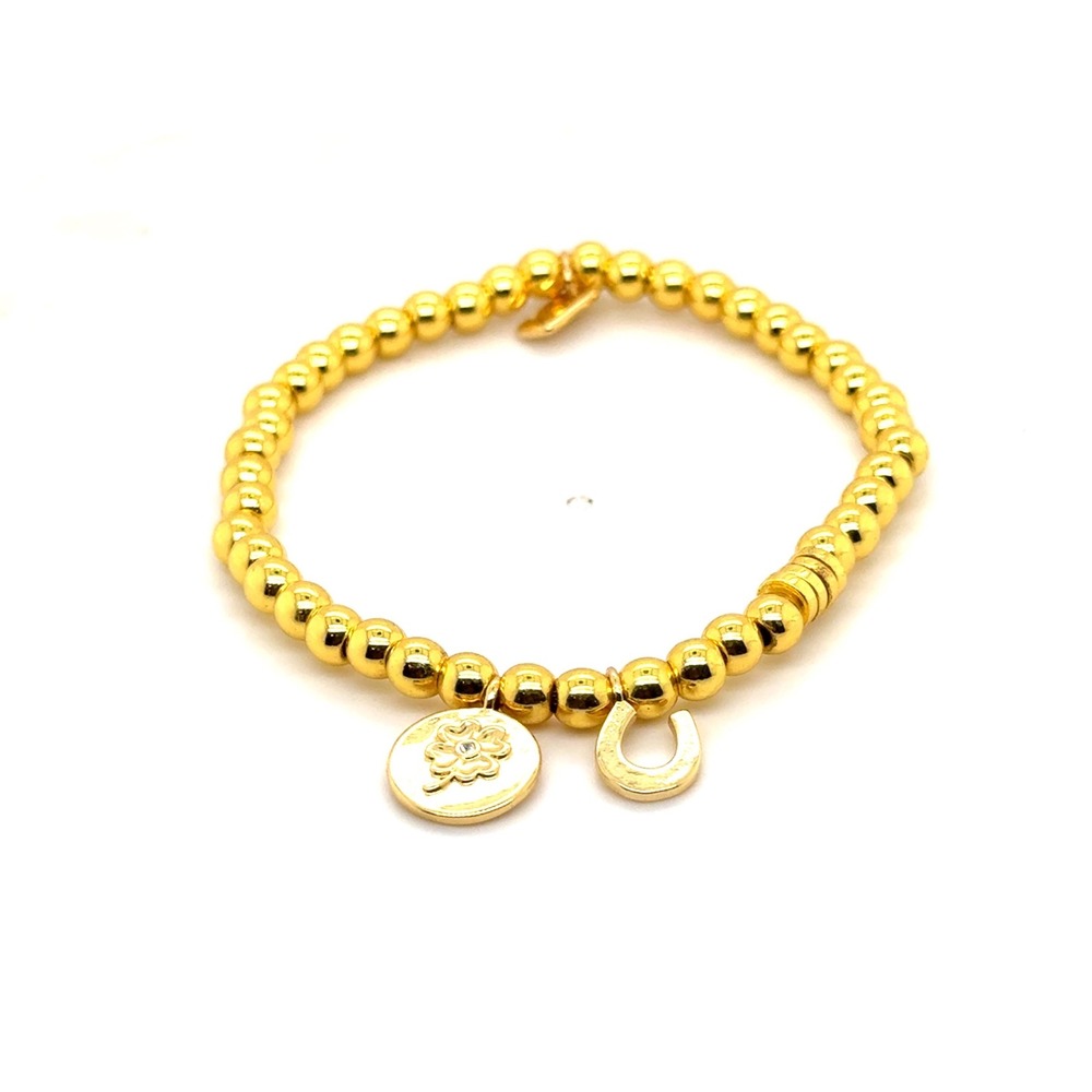 Pura Vida Gold Beaded Stretch Bracelet Lucky Clover Horseshoe Charms